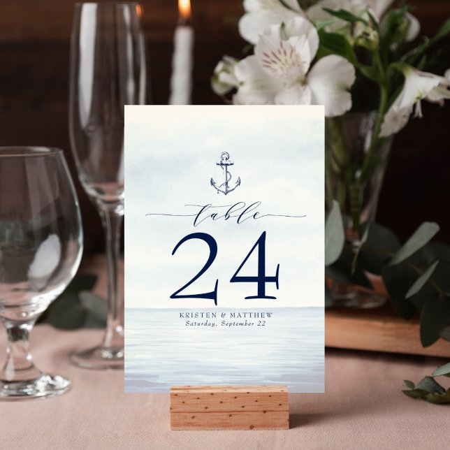 Numéro De Table Ancre nautique Aquarelle Océan Bleu Marine (Watercolor ocean nautical anchor design table number card is perfect for your wedding reception.)
