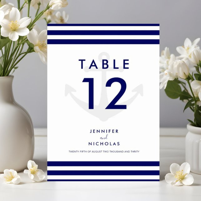 Numéro De Table Ancre nautique moderne Bleu  Mariage (Modern Nautical Anchor Blue Stripes Wedding Table Number)