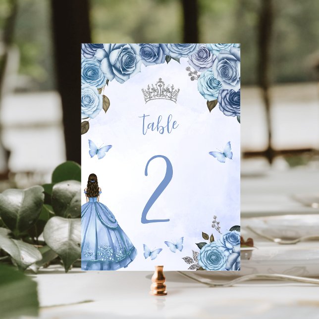 Numéro De Table Aquarelle bleu argent Floral Princesse Quinceañera (Créateur téléchargé)