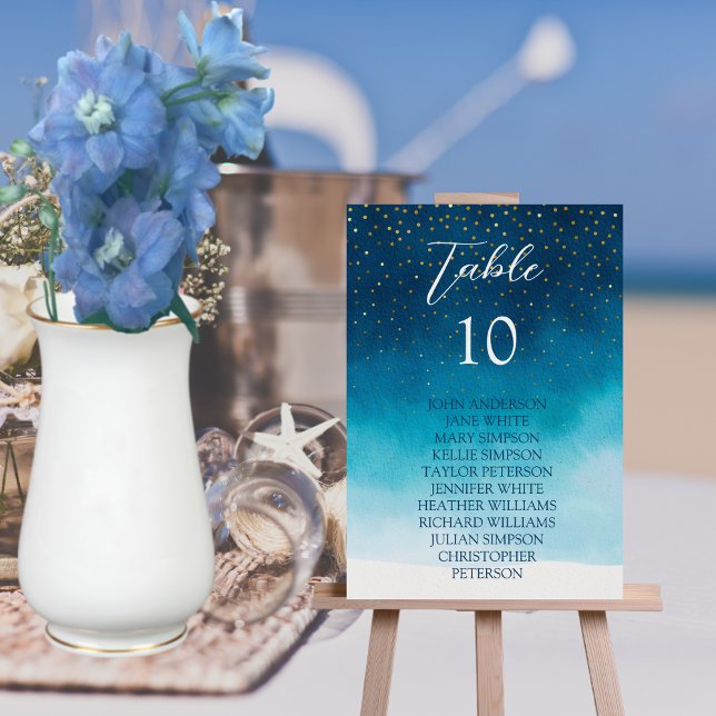 Numéro De Table Aquarelle Bleu Océan Vagues Avec Mariage Monogramm (Créateur téléchargé)