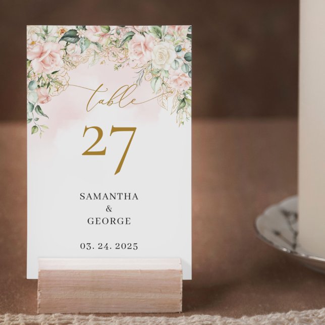 Numéro De Table Aquarelle Blush roses eucalyptus or mariage (Modern Boho blush floral gold  and eucalyptus wedding table number card)