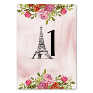 Numéro De Table Aquarelle Bourgogne Florale Tour Eiffel