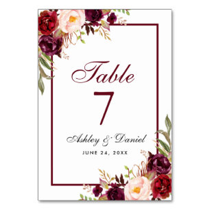 Numéro De Table Aquarelle Bourgogne Mariage Floral
