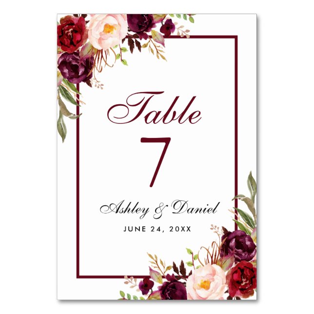 Numéro De Table Aquarelle Bourgogne Mariage Floral (Par défaut)