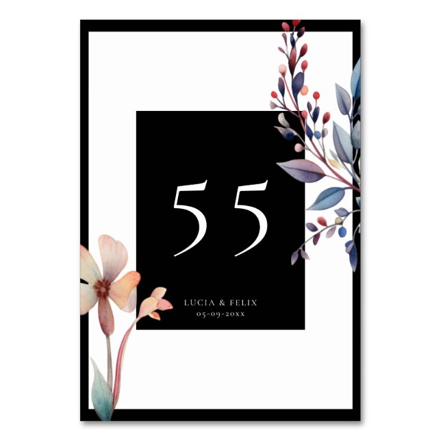 Numéro De Table Aquarelle classique Feuille bleu Mariage noir (Par défaut)