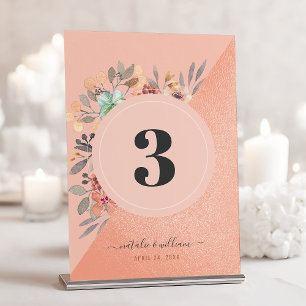 Numéro De Table Aquarelle en cuivre rose pâle Floral Chic Mariage