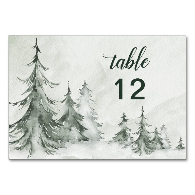 Numéro De Table Aquarelle Fir Trees Mariage d'hiver (Devant)