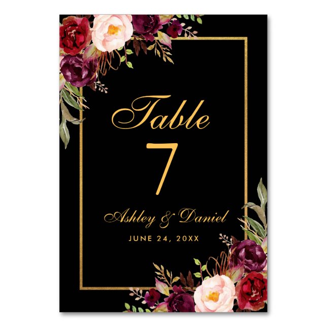 Numéro De Table Aquarelle Floral Bourgogne Noir Mariage Or (Dos)