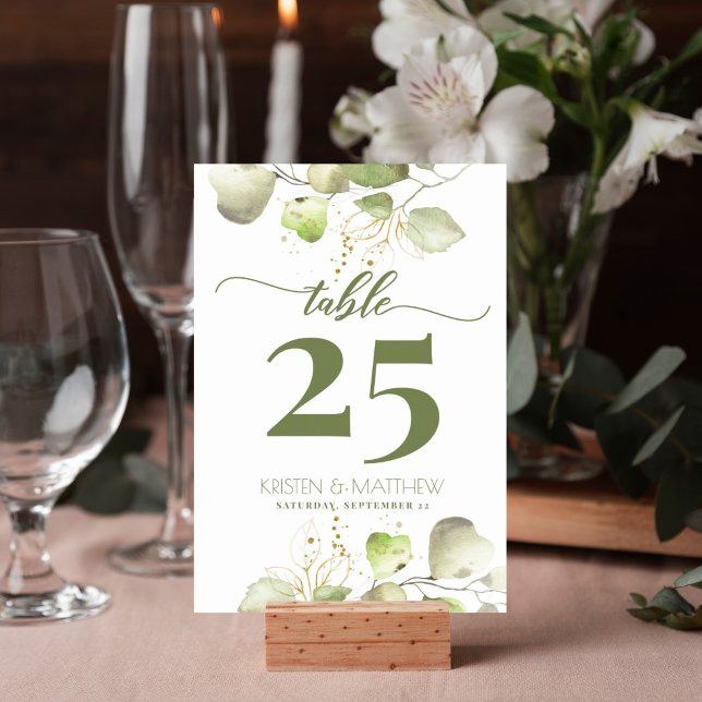 Numéro De Table Aquarelle Floral Élégant Vert et Or Mariage (Greenery watercolor gold foliage design table number card is perfect for your wedding reception.)