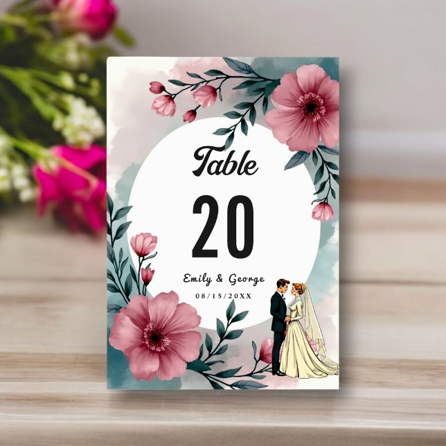 Numéro De Table Aquarelle Floral Mariage Et Groom Élégant Mariage (Créateur téléchargé)