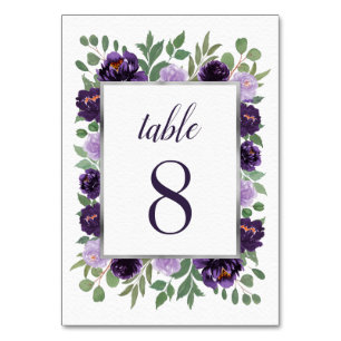 Numéro De Table Aquarelle florale d'argent pourpre Mariage d'eucal