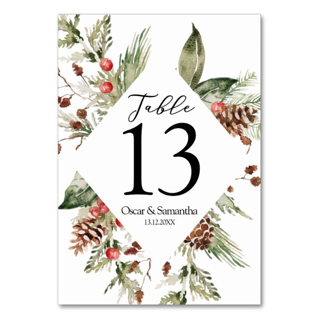 Numéro De Table Aquarelle Hiver Pine verte Arbre et Pine Cône (Par défaut)