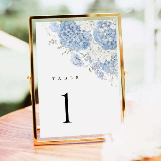 Numéro de table aquarelle Hydrangea blanc bleu pou (Dusty blue hydrangea watercolor table number wedding sign, white floral, gold frame, outdoor)