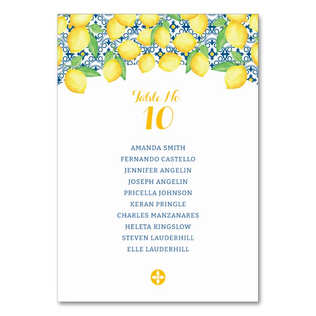 Numéro De Table Aquarelle Lemons Carrelage méditerranéen Mariage (Par défaut)