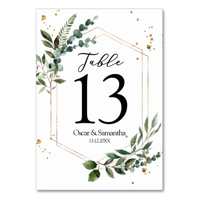 Numéro De Table Aquarelle moderne Vert Eucalyptus Gold Frame (Par défaut)
