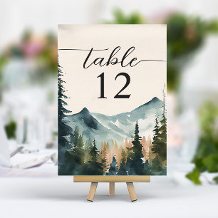 Numéro De Table Aquarelle Montagnes Et Pins Mariage