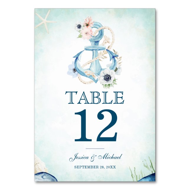 Numéro De Table Aquarelle Nautique Ancre Florale Plage Mariage (Par défaut)