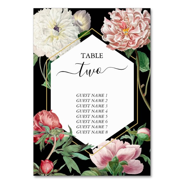 Numéro De Table Aquarelle Peonies rose Fleurs Mariage Noir (Par défaut)
