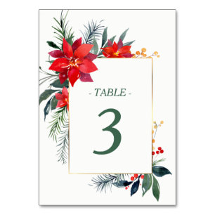 Numéro De Table Aquarelle Poinsettia Gold Frame Mariage de Noël