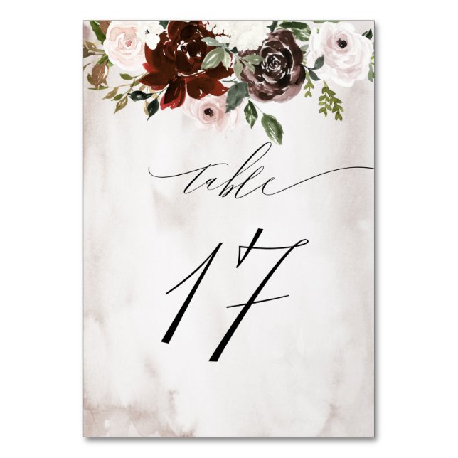 Numéro De Table Aquarelle rose bordeaux Floral No 17 Mariage (Par défaut)