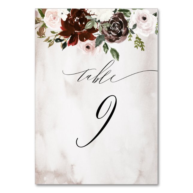 Numéro De Table Aquarelle rose bordeaux Floral No 9 Mariage (Par défaut)
