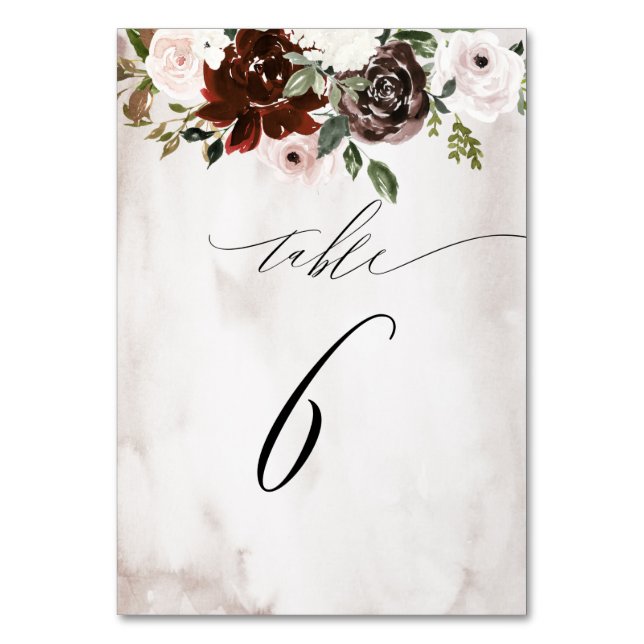 Numéro De Table Aquarelle rose de Bourgogne Floral No 6 Mariage (Par défaut)