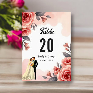 Numéro De Table Aquarelle rose pâle Floral Bride & Mariage de cham