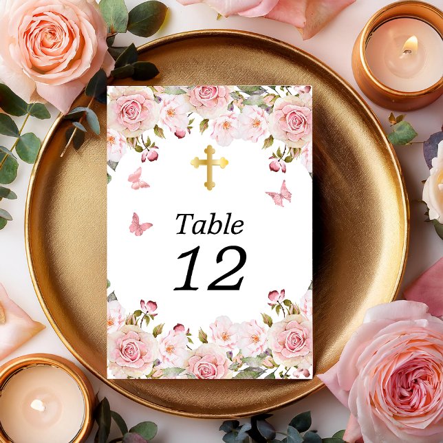 Numéro De Table Aquarelle rose Papillons floraux et croix (Pink Rose Floral and Gold Tone Trinity Cross Table Number Cards)
