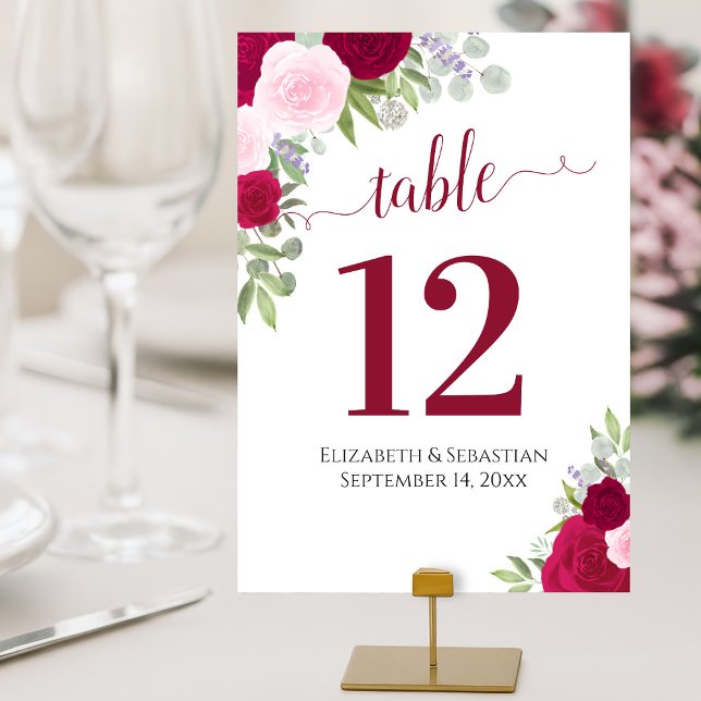 Numéro De Table Aquarelle Roses élégant Magenta & Mariage rose (Créateur téléchargé)