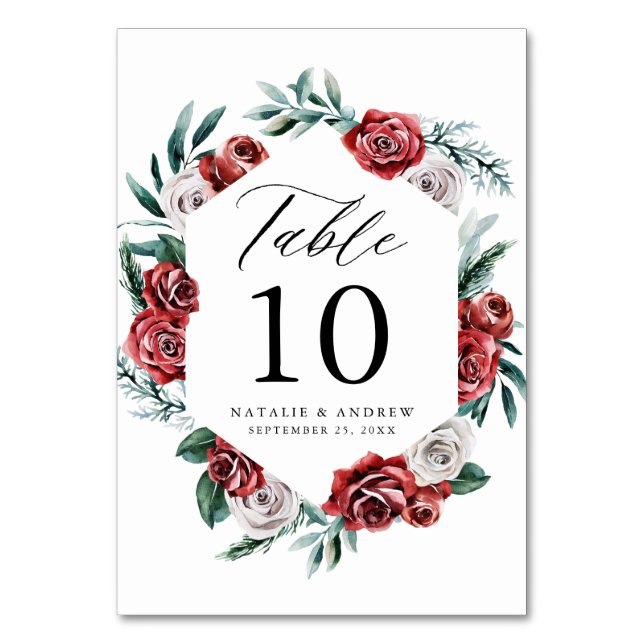 Numéro De Table Aquarelle Roses rouges et blanches Mariage de cadr (Par défaut)