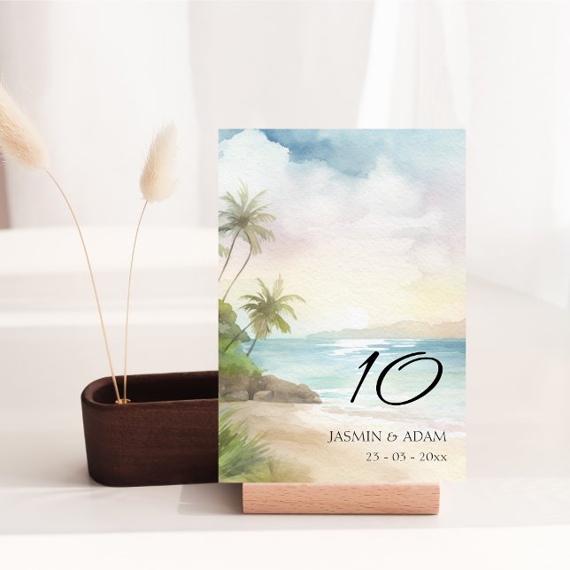 Numéro De Table Aquarelle Tropical Beach Palm Trees Mariage (Watercolor Tropical Beach Palm Trees Wedding Table Number)