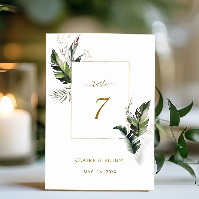 Numéro De Table Aquarelle tropicale Mariage or de feuillage (Créateur téléchargé)