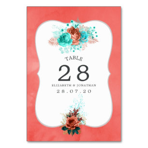 Numéro De Table Aquarelle turquoise et corail Numéro du tableau