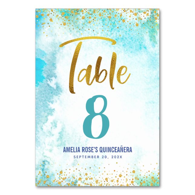 Numéro De Table Aquarelle Turquoise Quinceañera Gold Script Girly (Par défaut)