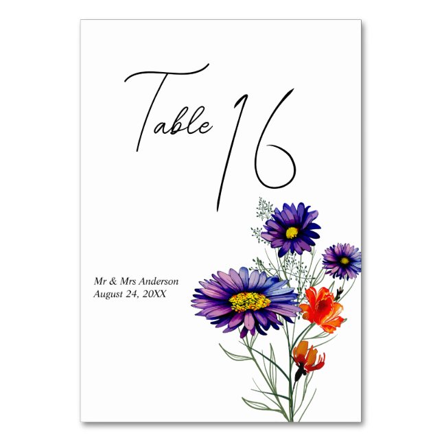 Numéro De Table Aquarelle Vibrant Orange et violet Fleurs sauvages (Par défaut)