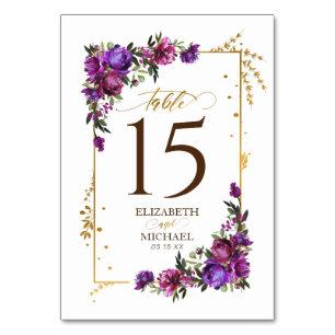 Numéro De Table Aquarelle violet rose chaud or Mariage Floral