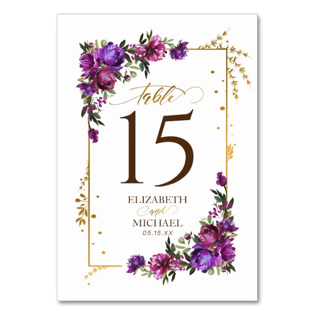 Numéro De Table Aquarelle violet rose chaud or Mariage Floral (Par défaut)
