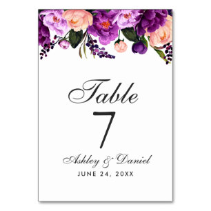 Numéro De Table Aquarelle violet ultra violet Mariage floral