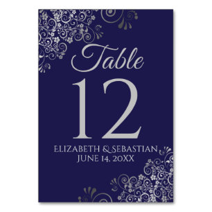 Numéro De Table Argent sur bleu marine Élégant Mariage de filigree