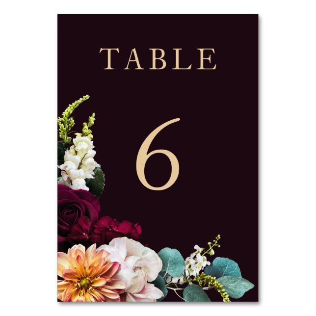 Numéro De Table Automne Bourgogne Floral Mariage de script or (Par défaut)