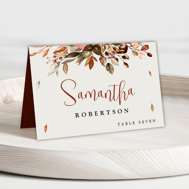 Numéro De Table Automne Feuilles Rustique Pays Nom de l'invité (Autumn Fall wedding place card with printable / customizable guest name and table number)