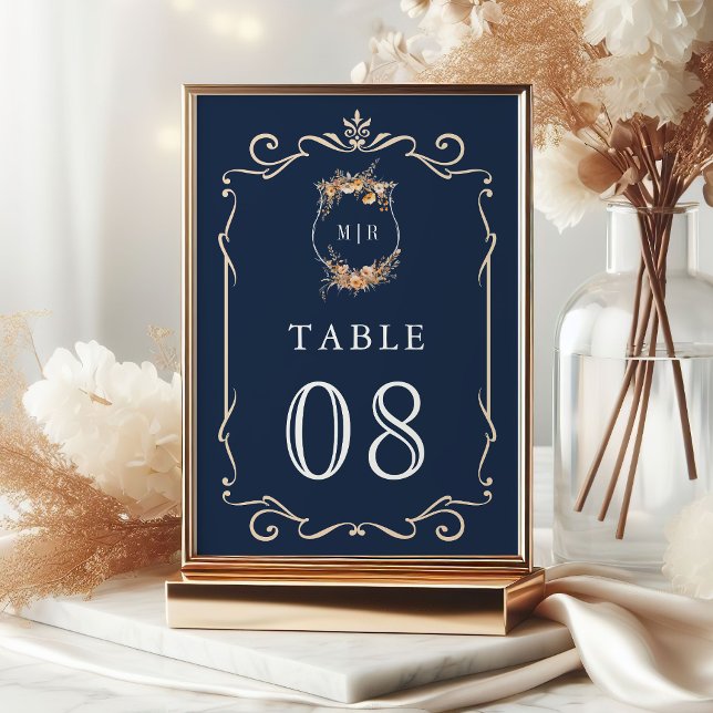 Numéro De Table Automne Fleur sauvage Crest Marine Mariage bleu (Créateur téléchargé)