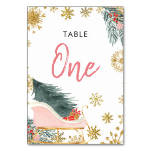 Numéro De Table Baby shower d'hiver Gold Pink Sleigh Numéro de tab