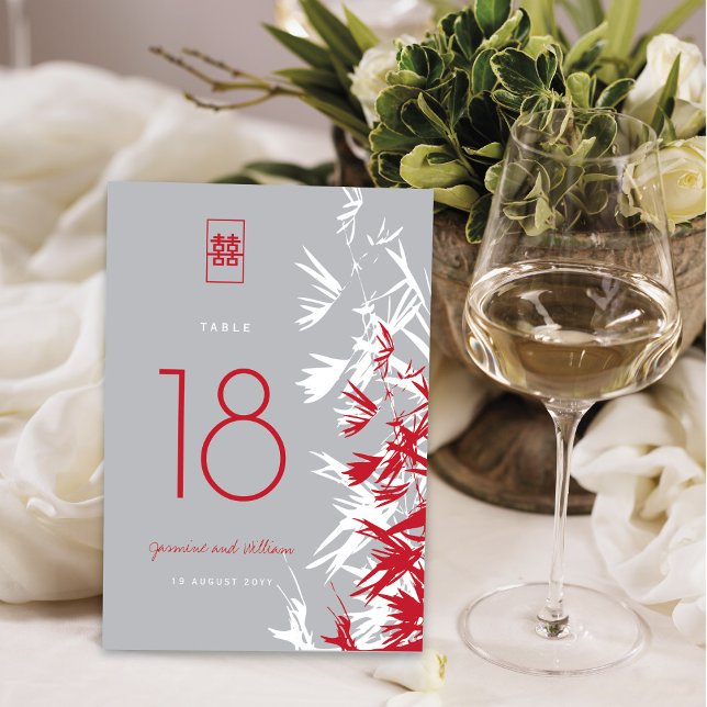 Numéro De Table Bambou rouge et gris Feuille Mariage double bonheu (Créateur téléchargé)