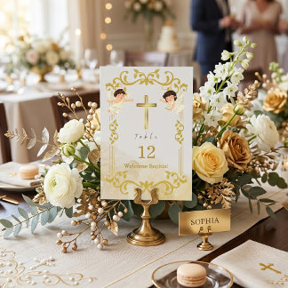 Numéro De Table Baptism  Gold Cross Angels Custom Christening 