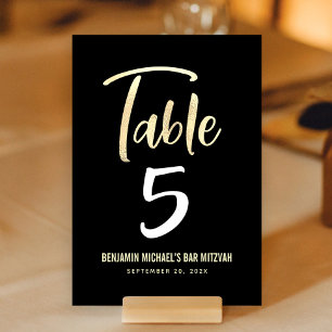 Numéro De Table Bar Mitzvah Black Gold Script Modern Bold Élégant