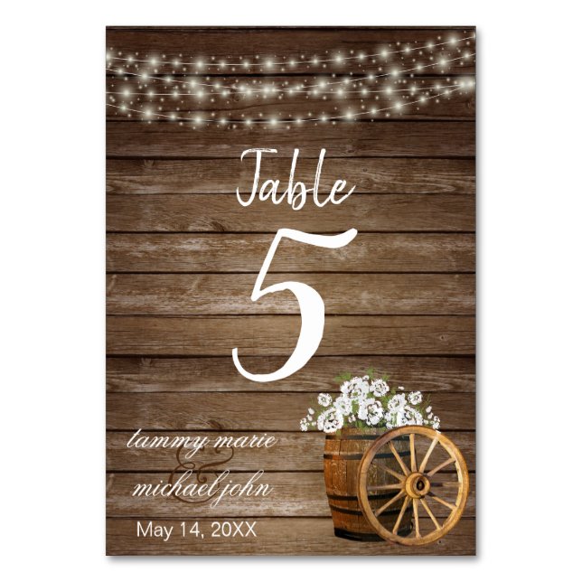Numéro De Table Baril de bois rustique, Fleurs blanches 2- Numéro  (Par défaut)