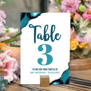 Numéro De Table Bat mitzvah Moderne Turquoise Turquoise Agate Scri