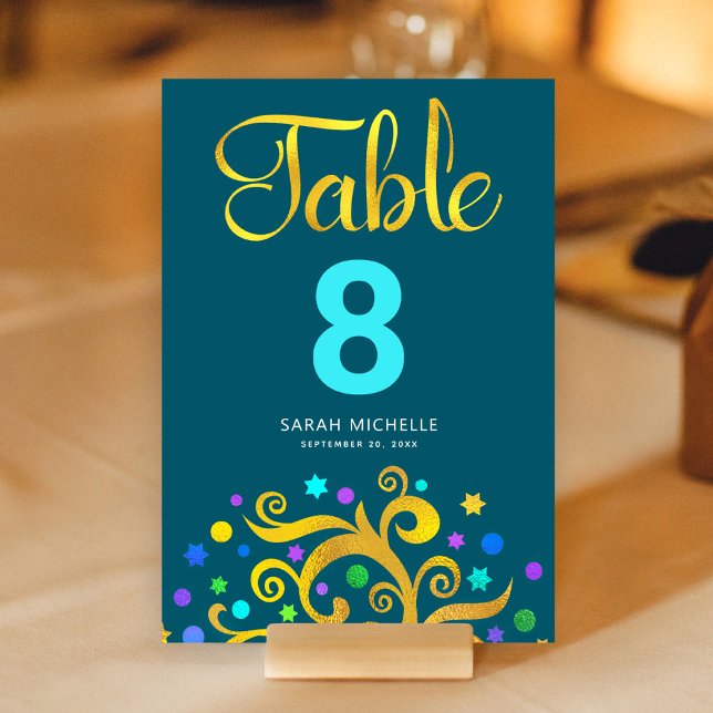 Numéro De Table Bat mitzvah Turquoise Blue Gold Foil Tree Life Mod (Créateur téléchargé)