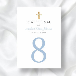 Numéro De Table Bébé Bleu Script Croix Religieuse Garçon Baptême
